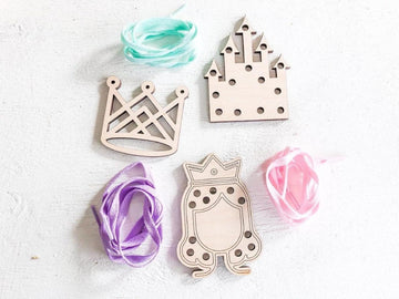 3 Pcs Wooden Princess Lacing Toy Set for Kids | Crown, Castle & Princess Threading Board