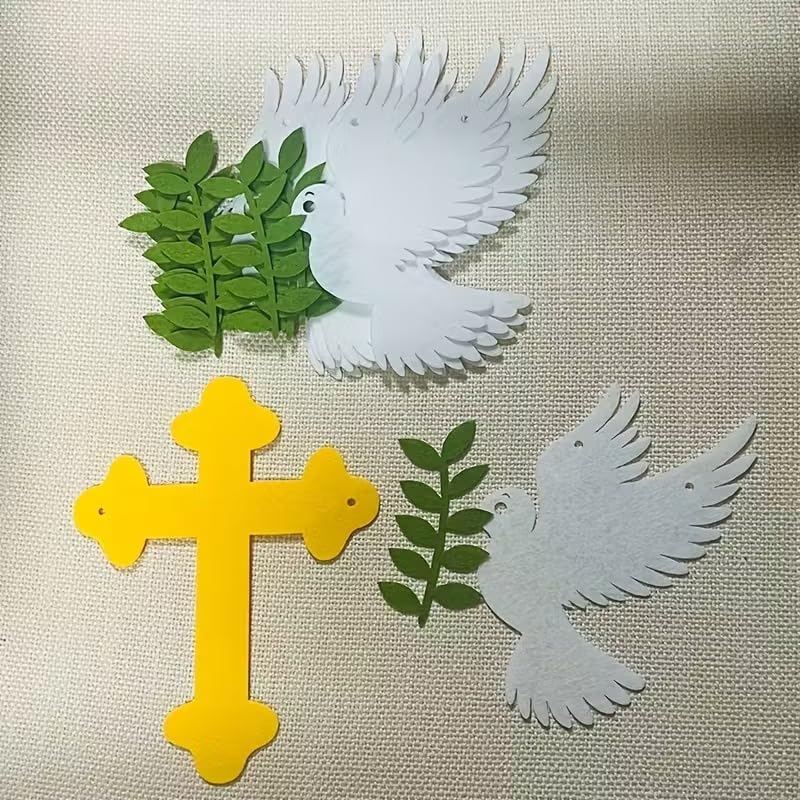 9 Pcs Religious Decor Yellow Cross & Olive Branch Dove Wreaths | Felt Fabric White Dove Hanging Decorations