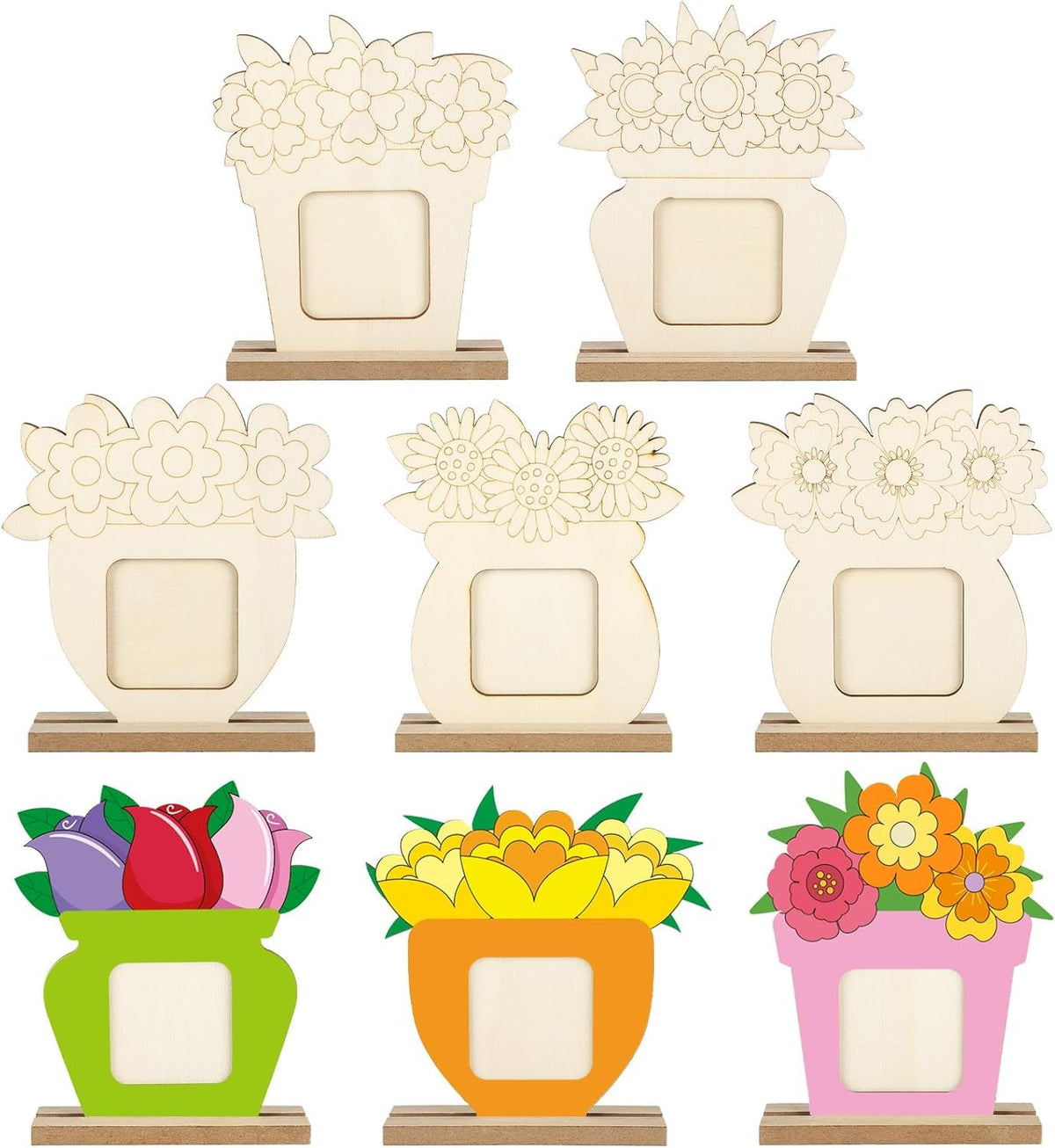 8 Pcs Flower Spring Wood Crafts to Paint, Wooden Flowers Picture Frame for Craft, Unfinished Spring Picture Frame Craft