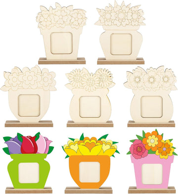 8 Pcs Flower Spring Wood Crafts to Paint, Wooden Flowers Picture Frame for Craft, Unfinished Spring Picture Frame Craft