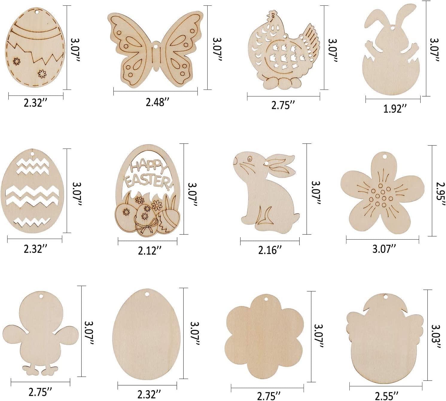 Haoser 12PCS Easter Wood Cutouts for Crafts Easter Unfinished Ornaments DIY with Bunny to Paint for Kids Easter Party Decorations Decor Hanging Egg Shapes with Hole. - Haoser