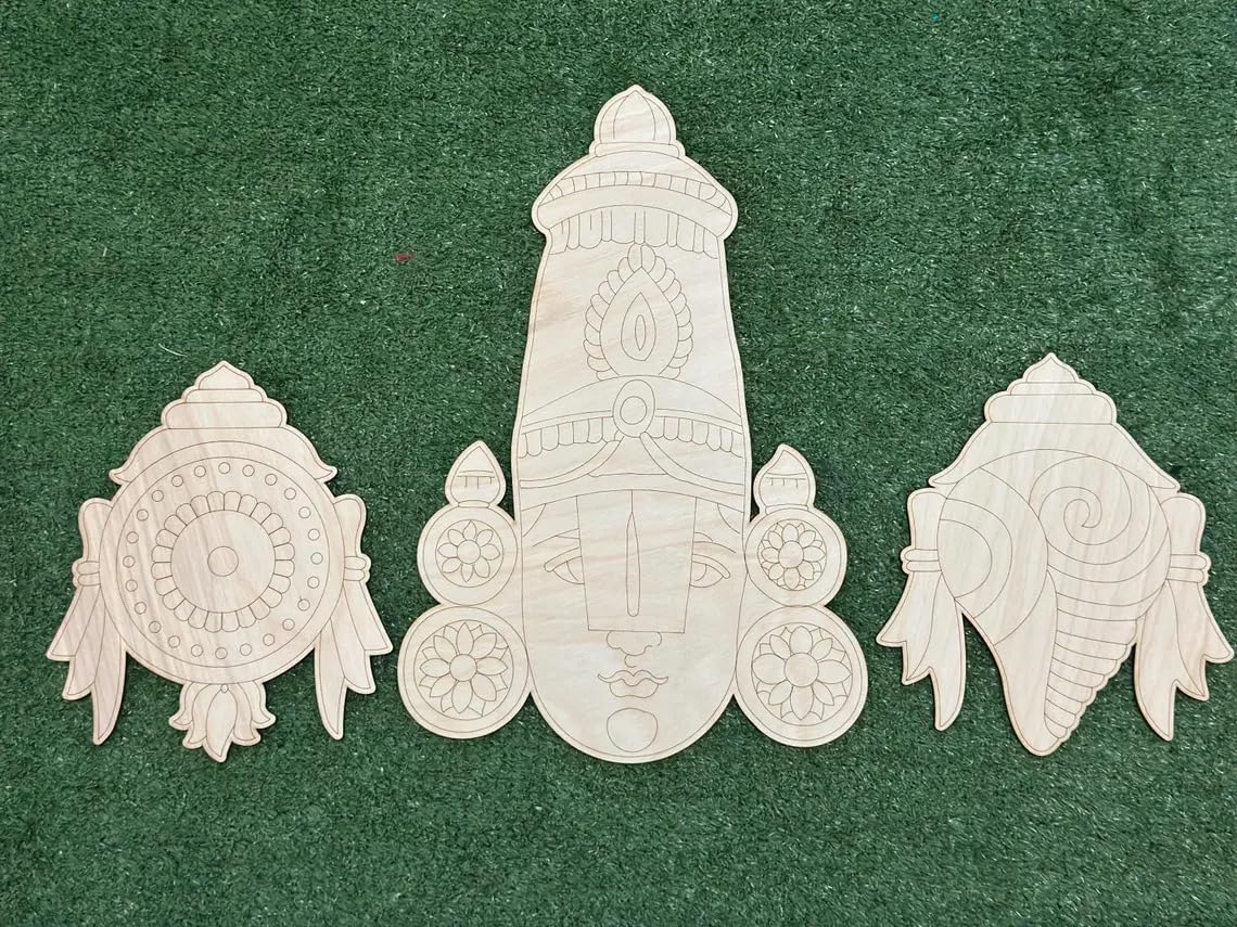 Set of 3 Unfinished Premarked Lord Balaji MDF Craft Cutout | 10" Balaji Face with 4.5" Shankh & Chakra