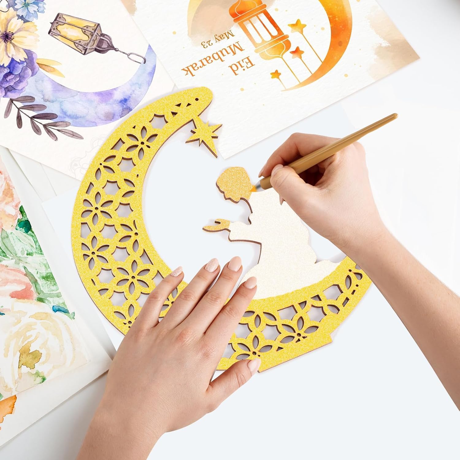 Eid Mubarak Wooden Ornaments – Ramadan Kareem 3D Hollow Moon & Star MDF Decor