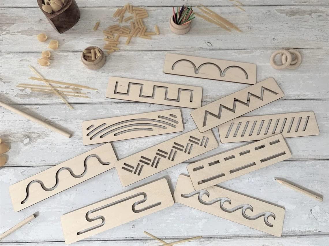 Haoser Kids Montessori Stencils | Wood Handwriting Stencil Set Montessori Stencils Set,Wooden Educational Toys for Kids 3 Years or 2 or 4 Years Old (Size 8X2 in Pack of 10)| - Haoser
