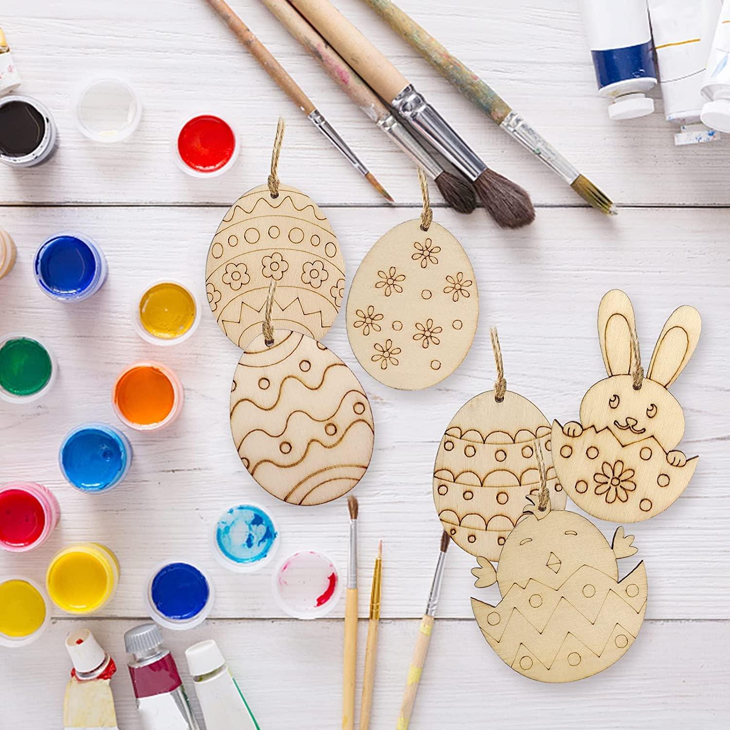 Haoser 12 Pieces Easter Egg Wooden Cutout Unfinished Wood Egg Slices Easter Wooden DIY Paint Crafts Hanging Embellishment with Twines for Easter Party Kids Painting Home Crafts Decorations Supplies - Haoser