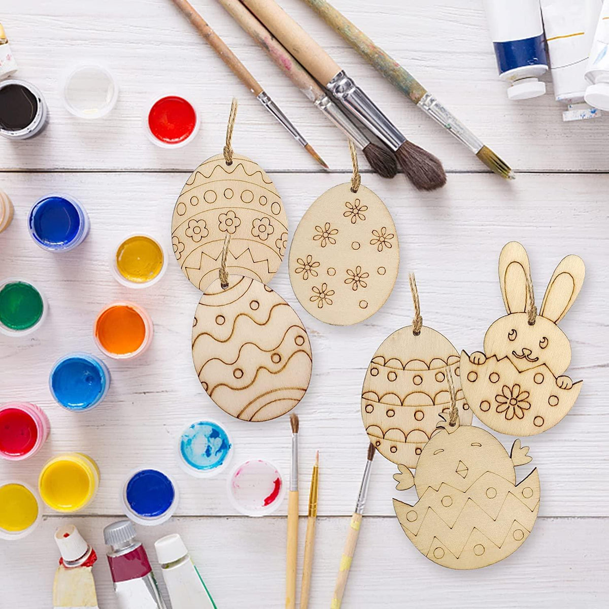 Haoser 12 Pieces Easter Egg Wooden Cutout Unfinished Wood Egg Slices Easter Wooden DIY Paint Crafts Hanging Embellishment with Twines for Easter Party Kids Painting Home Crafts Decorations Supplies - Haoser