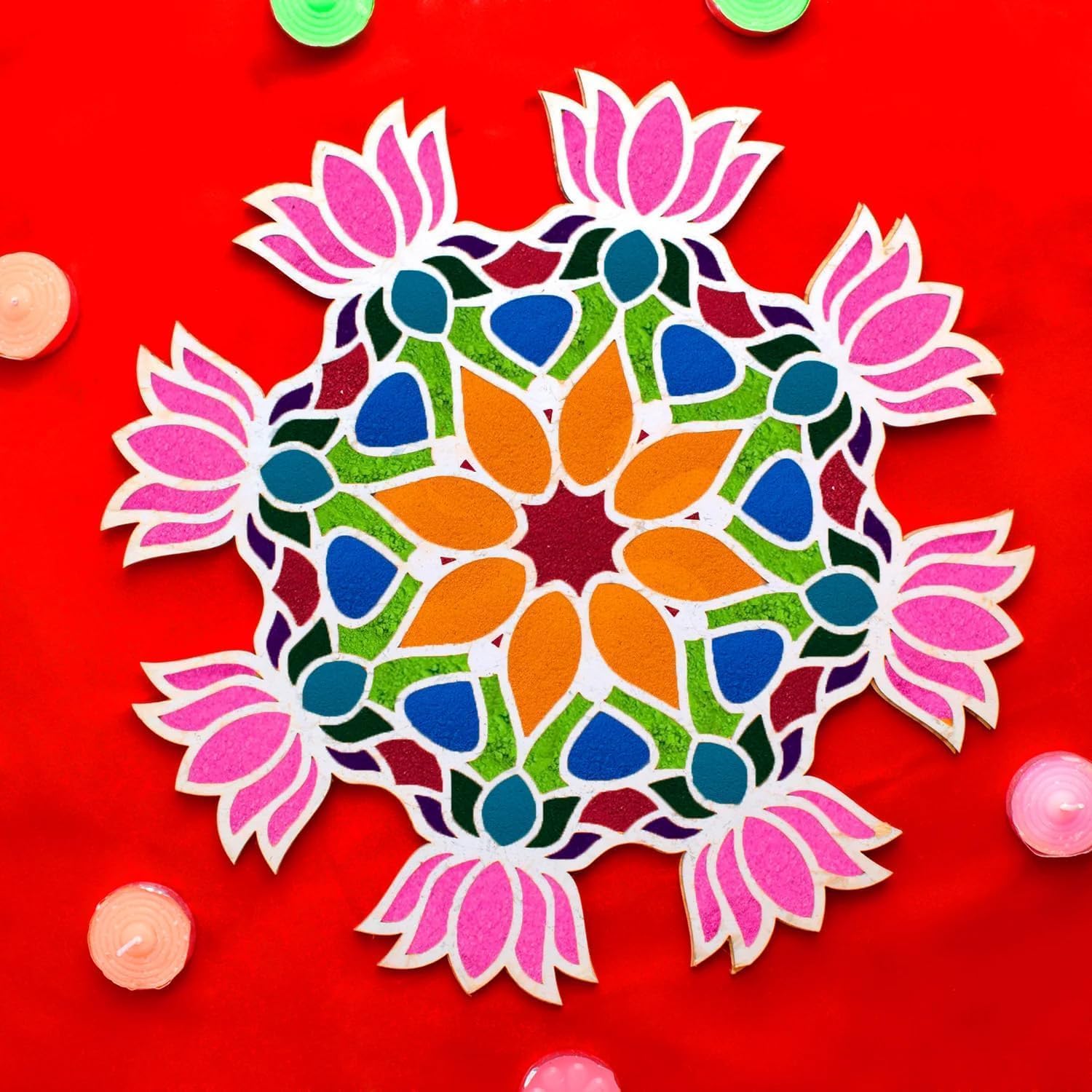 Wooden Rangoli Mat Lotus Design – 7.5 Inch MDF Readymade Flower Rangoli Board for Diwali Decoration