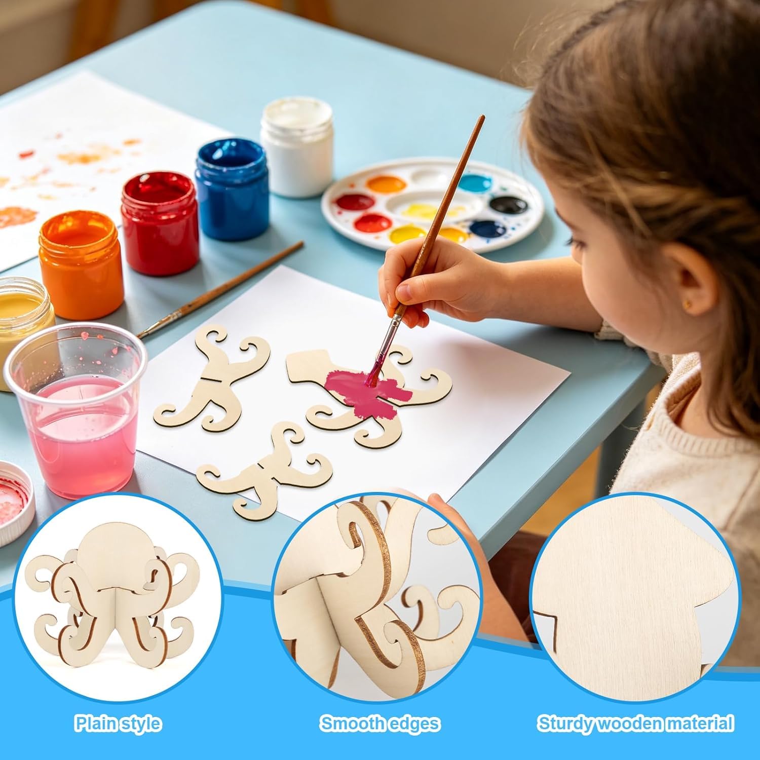 12 PCS DIY 3D Ocean Theme MDF Wooden Cutouts for Painting | Octopus Squid Craft Shapes