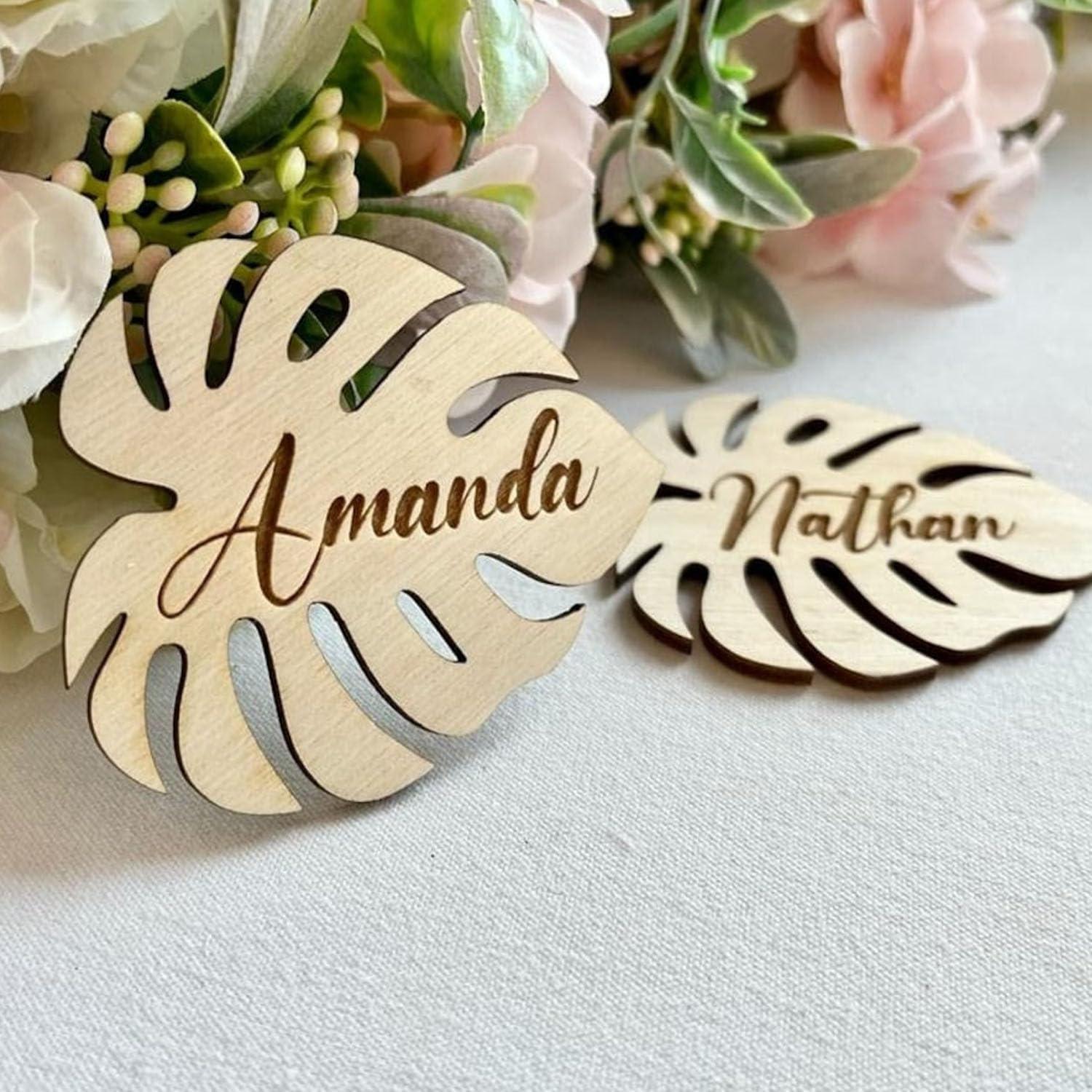 Curious Button Unfinished Wooden Custom Name Leaf Shape Place Card For Gift, MDF 3mm, Birthday Gifts, Tropical Wedding Table Seating Decoration, Customize Name Font (7 cm) - Haoser