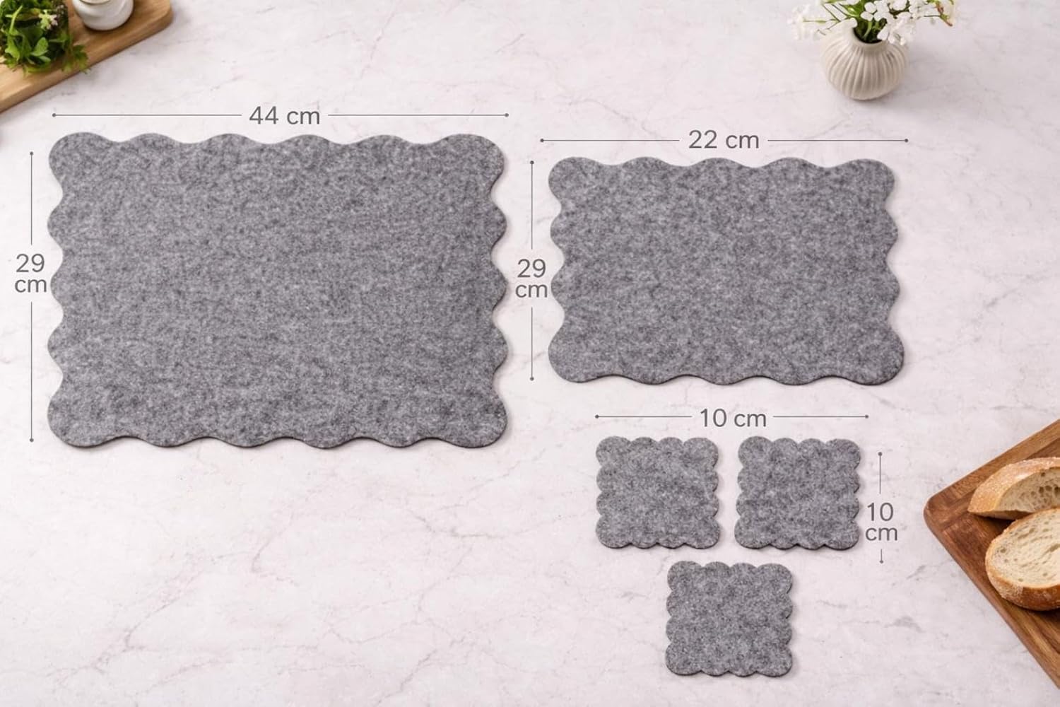 Set of 6 Scalloped Edge Felt Placemats and Coasters | Elegant Table Mats Dining Set
