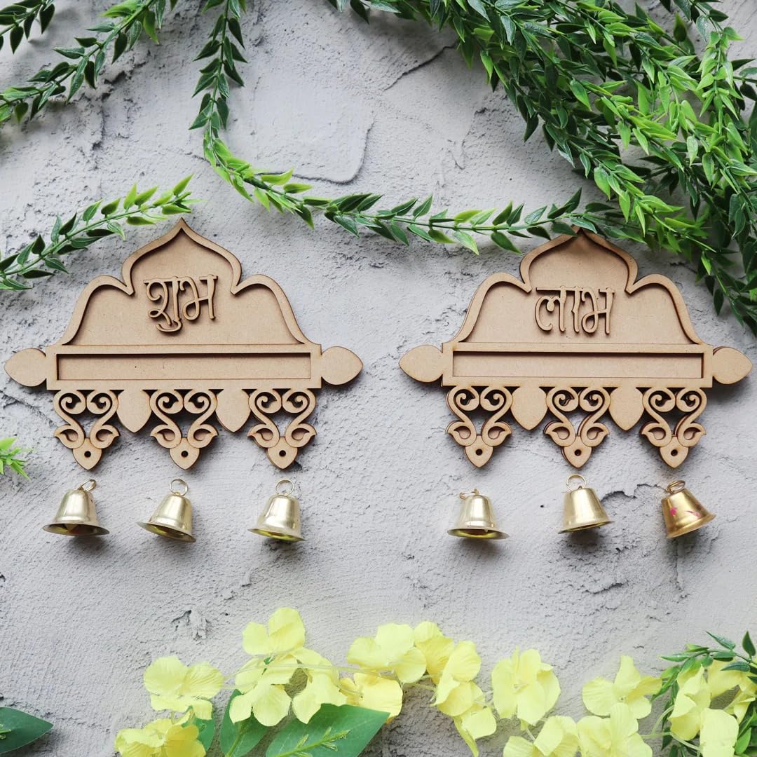 Pair of 6 MDF Hanging Shubh Labh for Diwali Decoration – 2 Layered, 6 Shubh 6 Labh Door Hanging Cutouts for Home Pooja Temple Decor 4x3.15 Inch