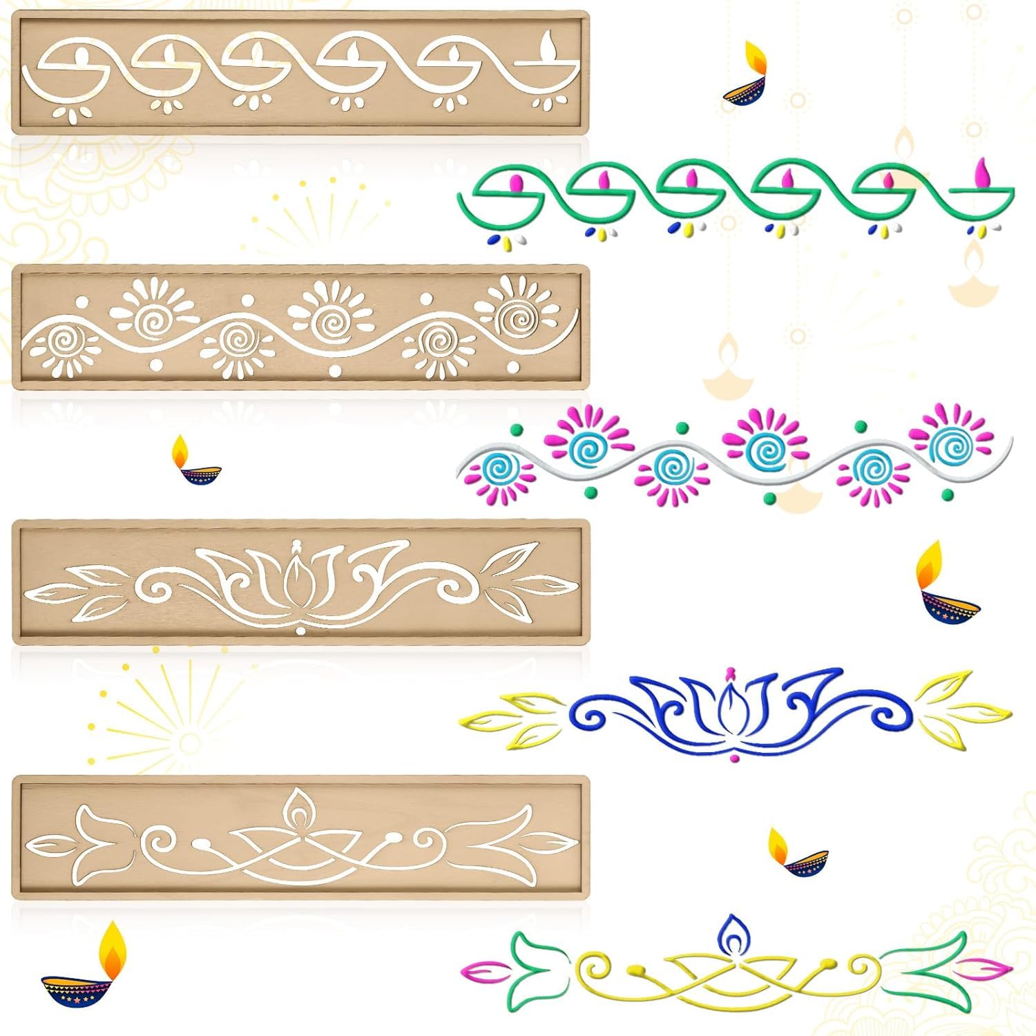 4 Pcs Wooden Rangoli Stencils for Diwali | 11.8x2.4 Inch Border Design DIY Sand Art Templates