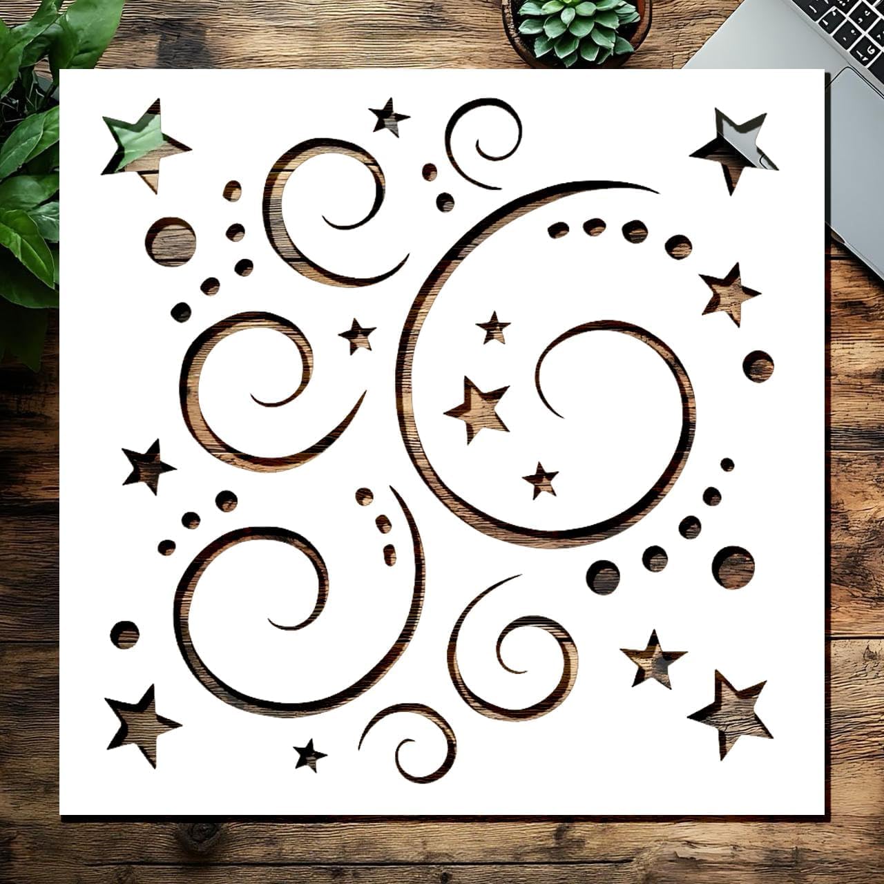 Stars and Swirls Stencil for Painting – Reusable Plastic Template for Wood Crafts, Scrapbooking