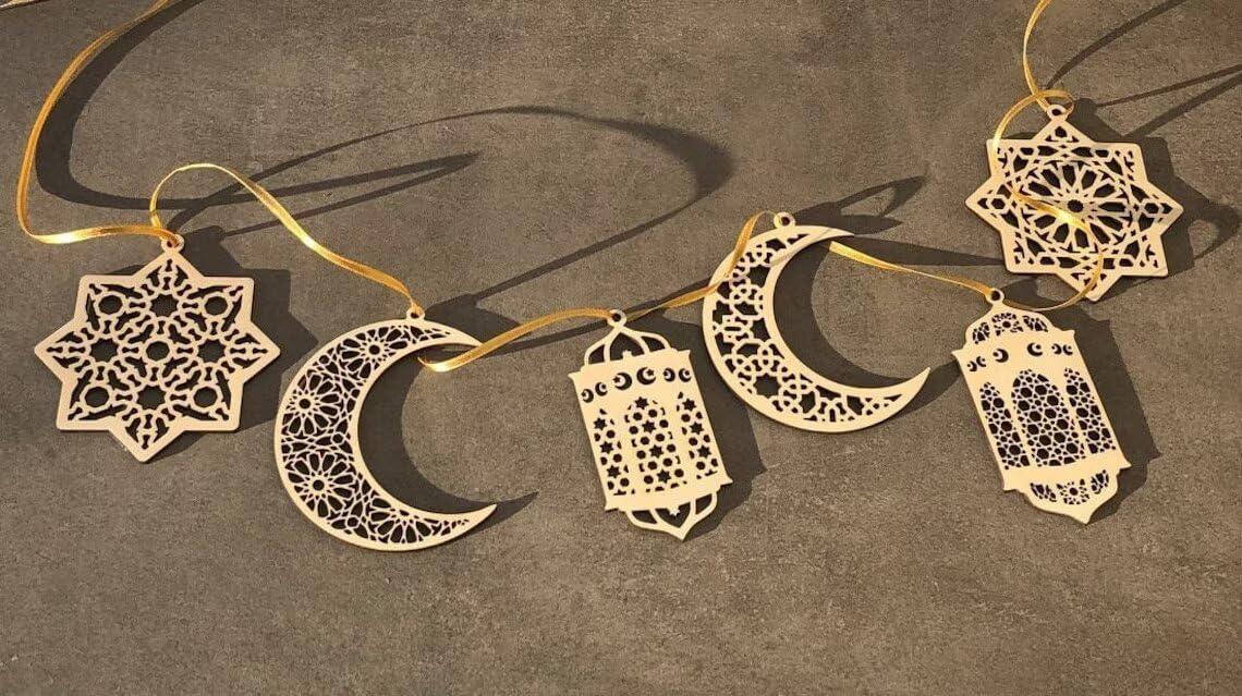 Curious button Set of 6 MDF Ramadan Mubarak Hanging Items Decoration|,Eid Decors,Ramadan Kareem Ramadan Decorations,Eid Gifts Islamic Table Decor Islamic Wall Art Ramadan Mubarak - Haoser