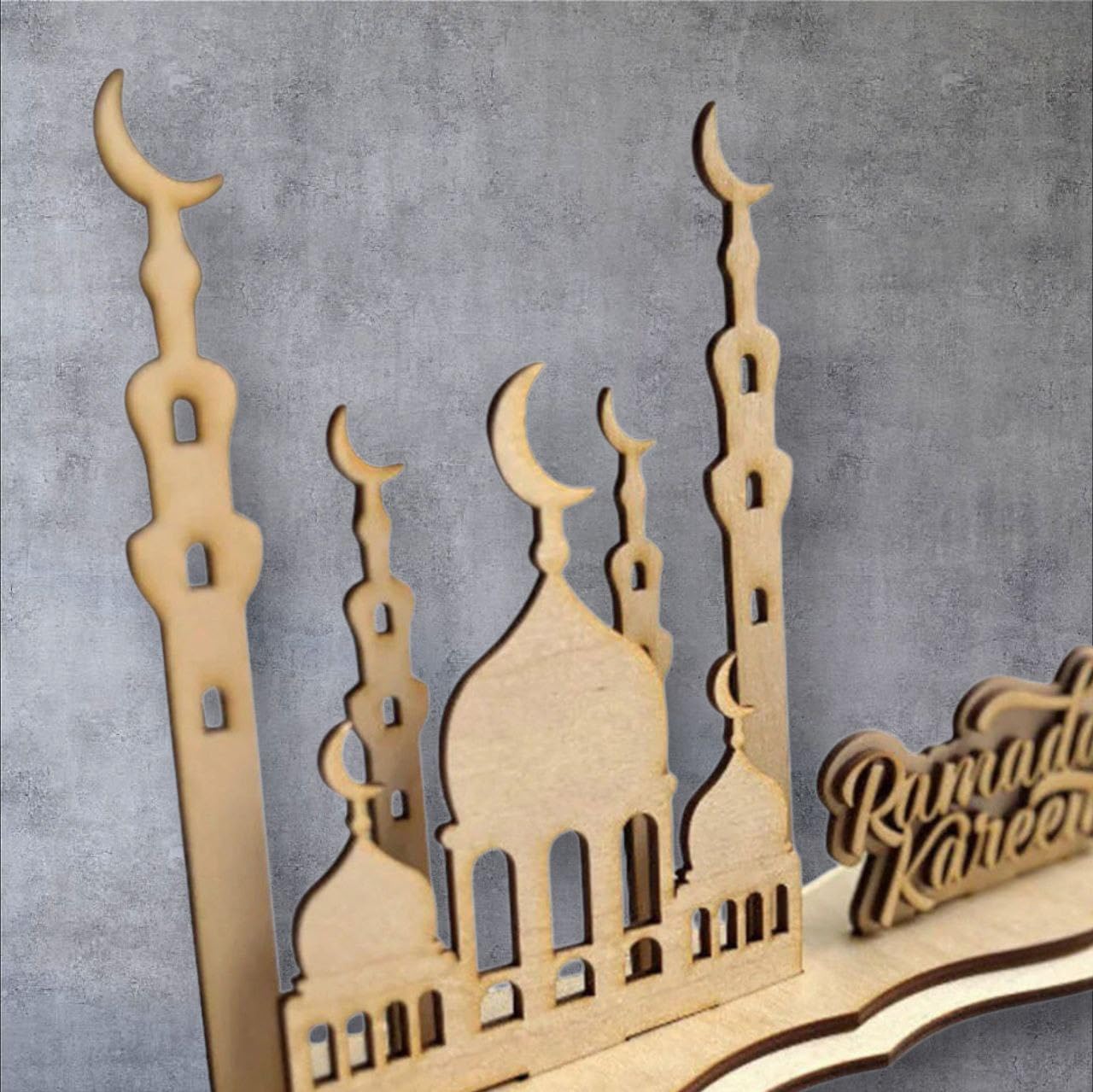 Curious Button Set of 1 Wooden Eid 3D Mosque Home Décor Interchangeable Sign, Eid Mubarak Islamic