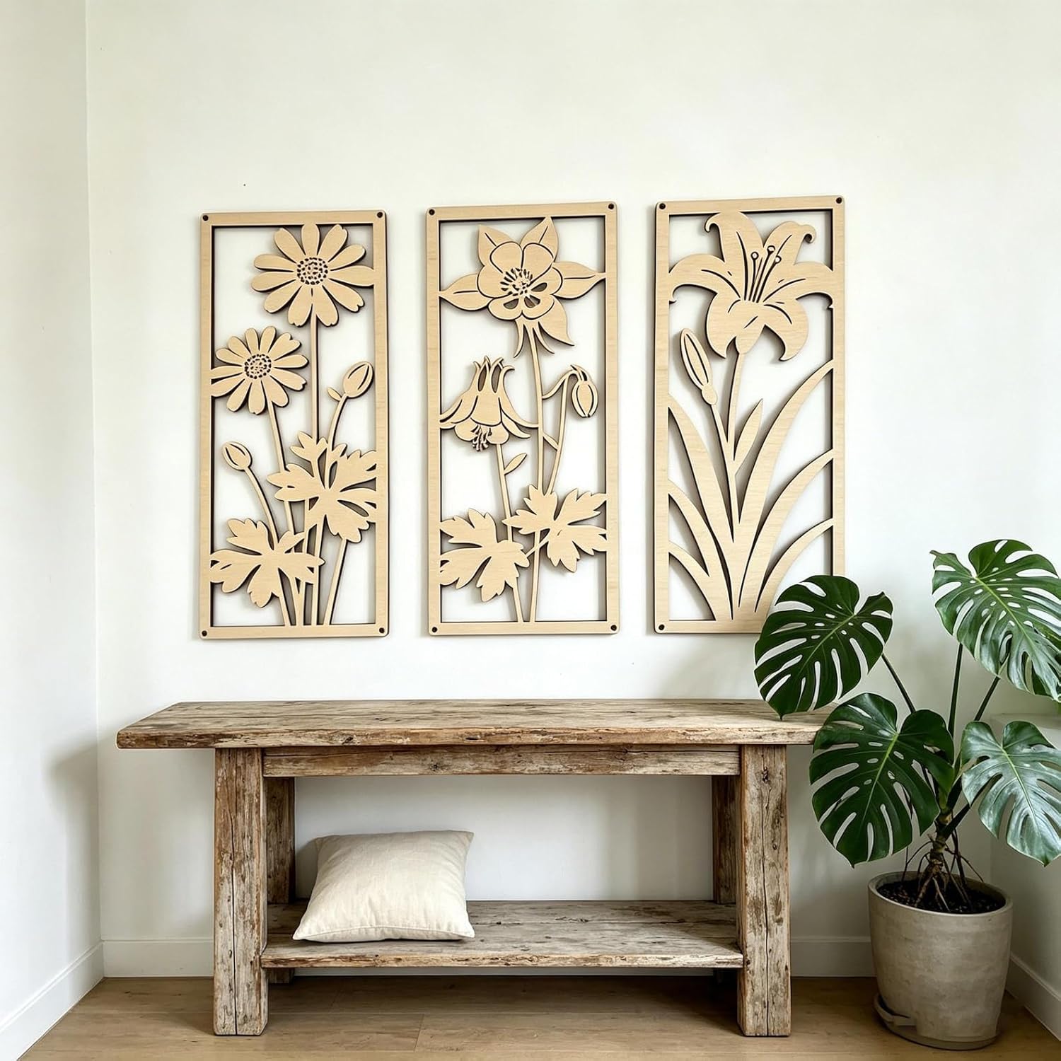 Set of 3 Wooden Floral Wall Art Panels | Minimalist Boho Flower Wall Decor