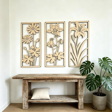 Set of 3 Wooden Floral Wall Art Panels | Minimalist Boho Flower Wall Decor