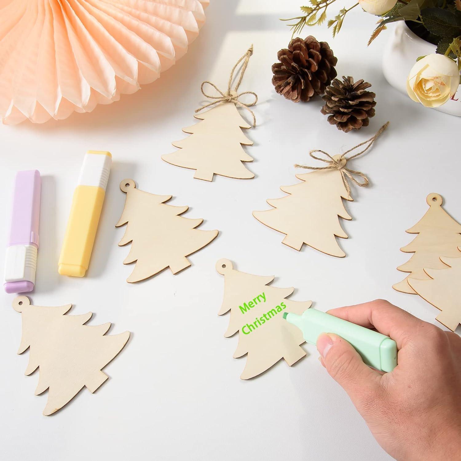 Haoser 12 Pieces Wooden Christmas Tree Cutouts Crafts Embellishments Unfinished Christmas Tree Hanging Ornaments Blank Christmas Tree Wood Cutouts Slice - Haoser