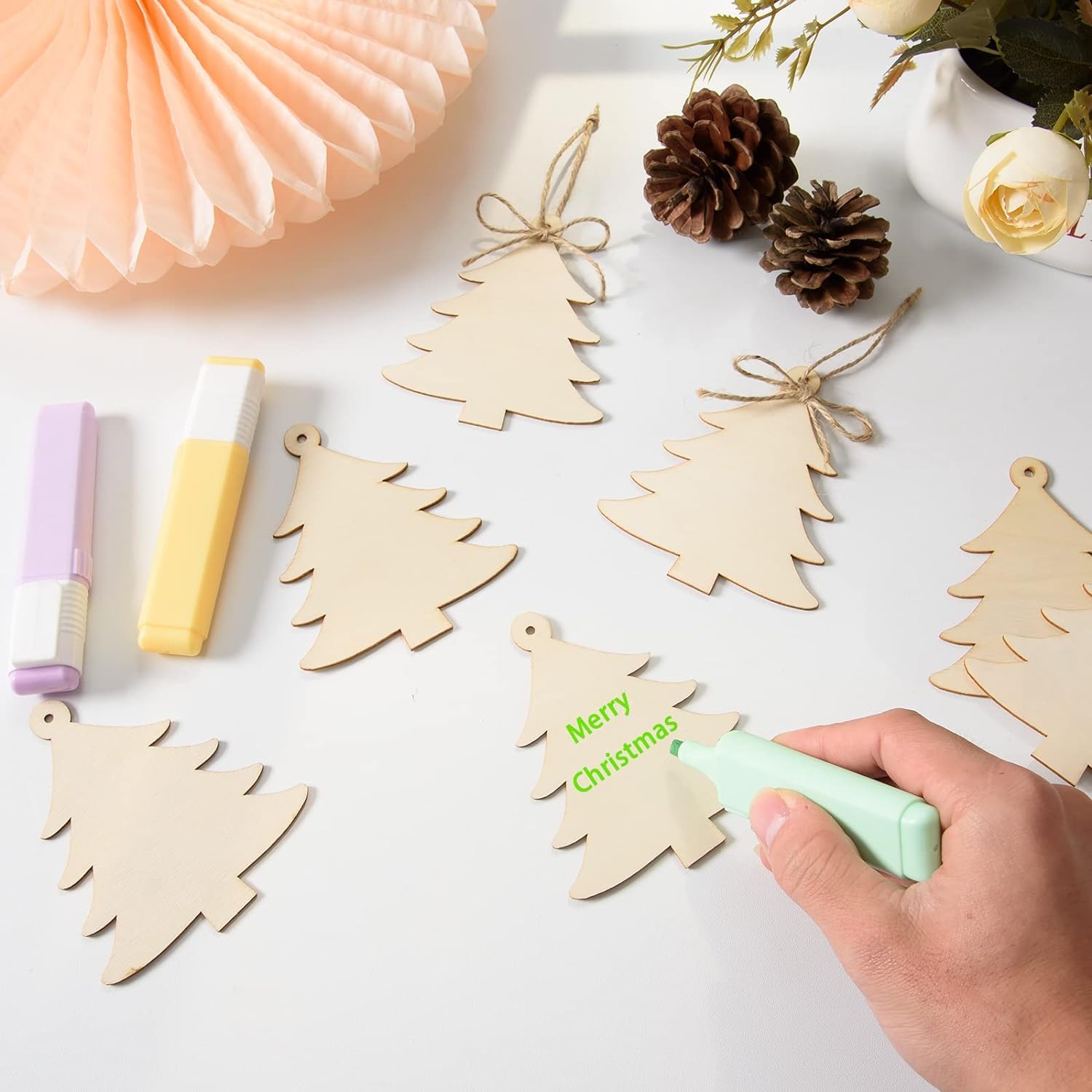 Haoser 12 Pieces Wooden Christmas Tree Cutouts Crafts Embellishments Unfinished Christmas Tree Hanging Ornaments