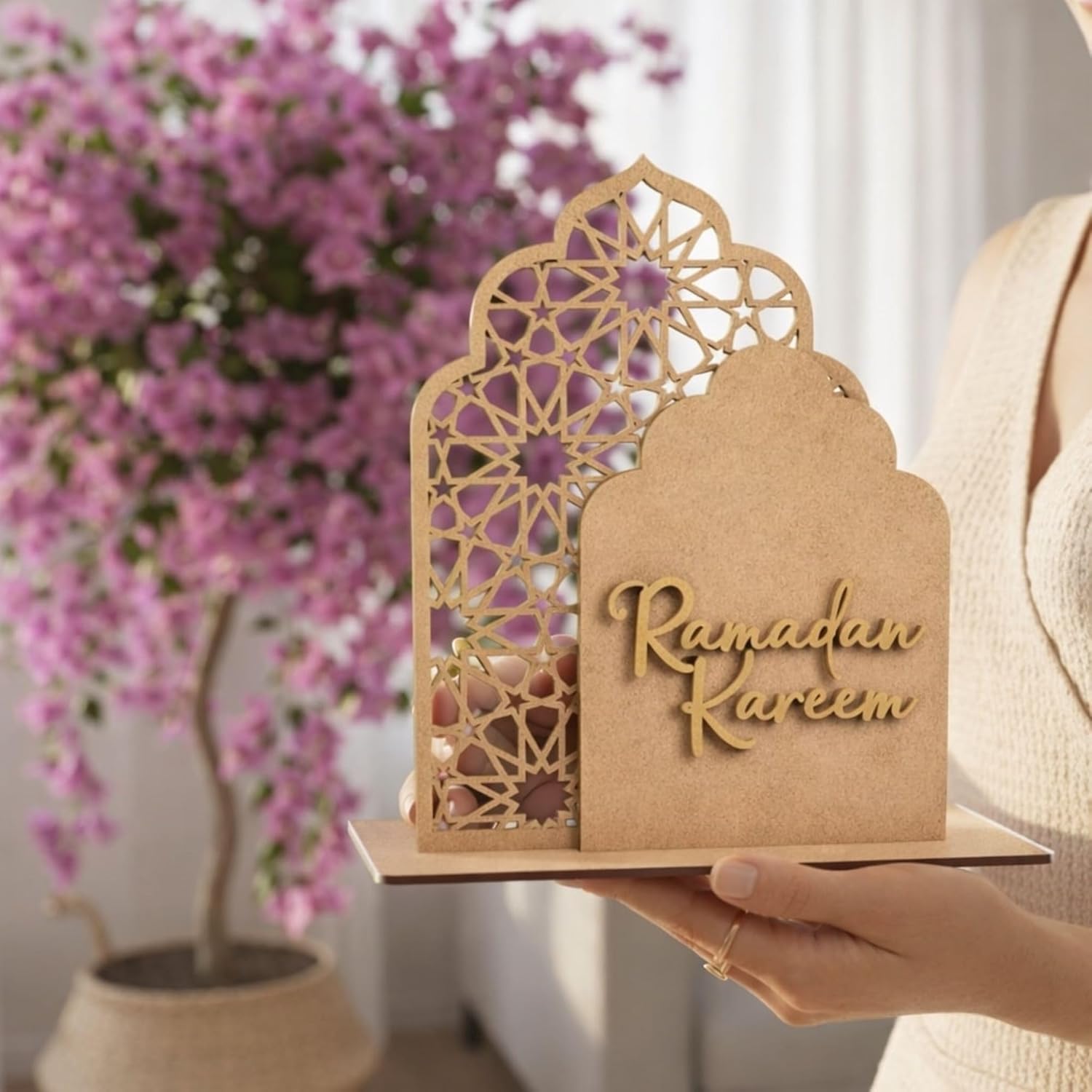Wooden Ramadan Table Decor Mosque Theme | Islamic Eid Mubarak Wooden Tabletop Decoration