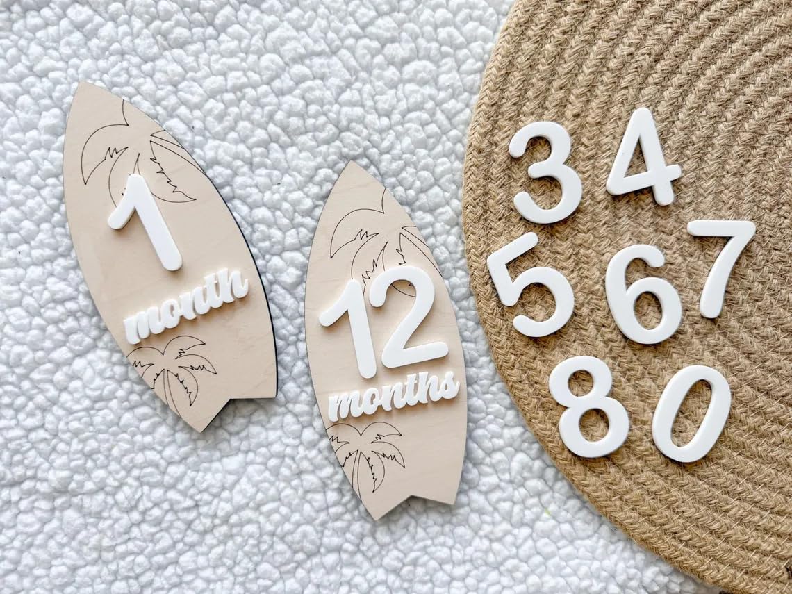 Set 1 Wooden Baby Monthly Surfboard Milestone Markers