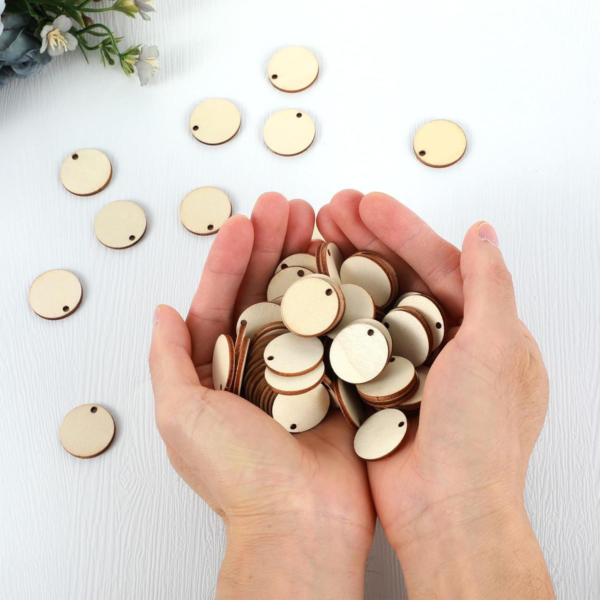 100 Pcs Blank Wooden Round Discs,1 Inch Unfinished Wooden Circles with Holes