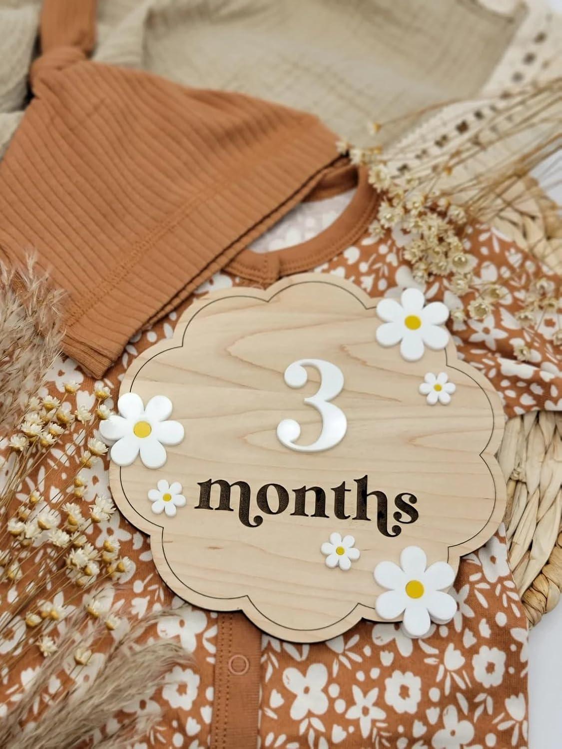 Haoser Wooden Baby Milestone Cards with Daisy Accents,2 Disc. (Month & Months-12 Numbers)