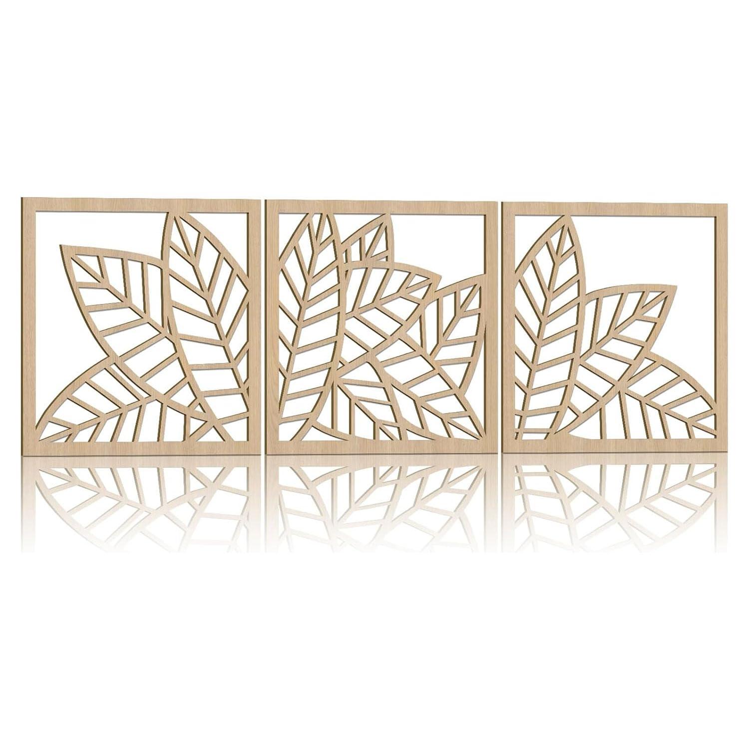 Curious Button Unfinished Wooden Leaf Wooden Art Decor for Living Room Decor, Beautiful Leaf Design Pack of 3 Wooden Wall Panel for Home Decor, Office Decor (29cm) - Haoser