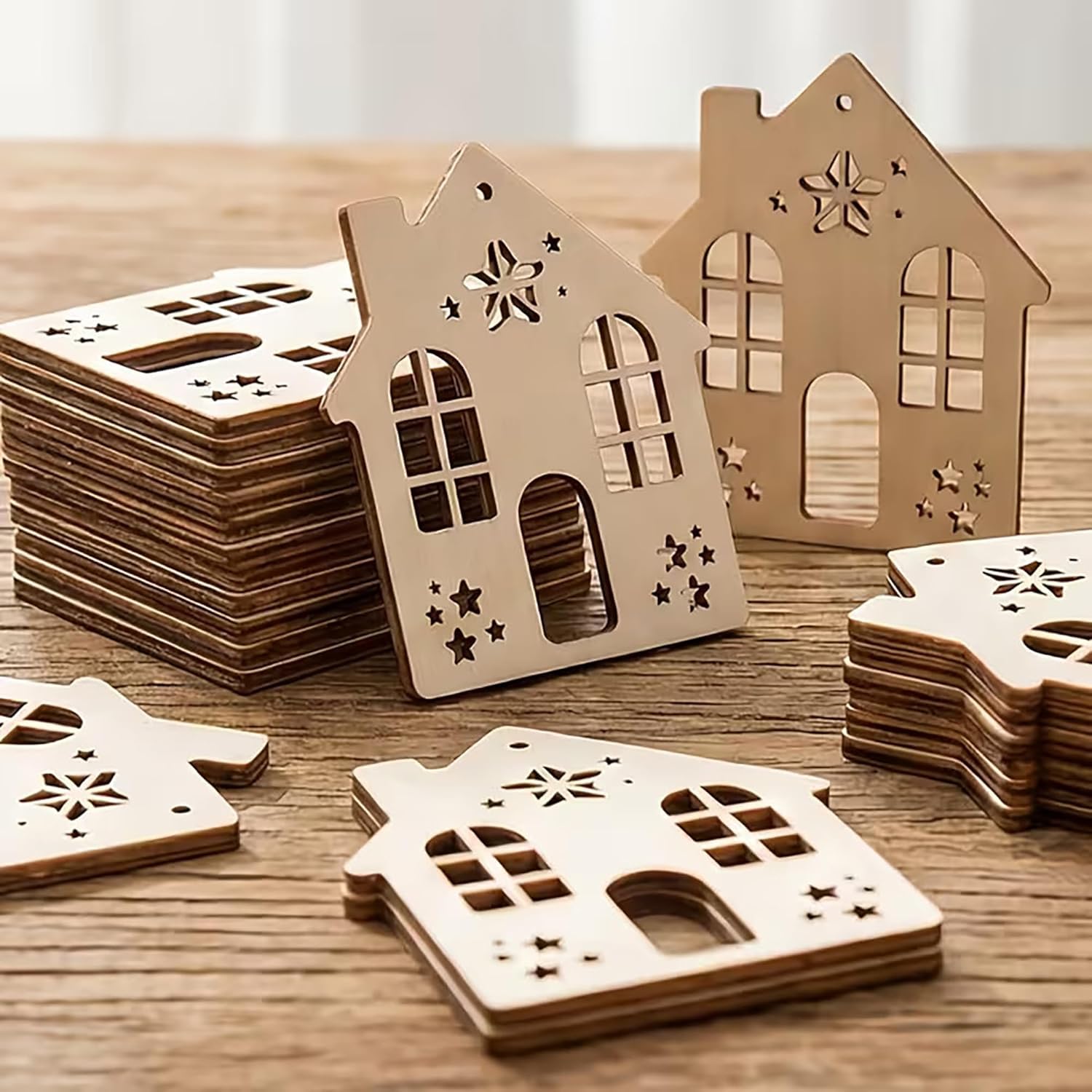 12 Pcs House Shape MDF Wooden Cutouts for DIY Art & Craft | Hanging Base | Mini Wooden Craft Shapes