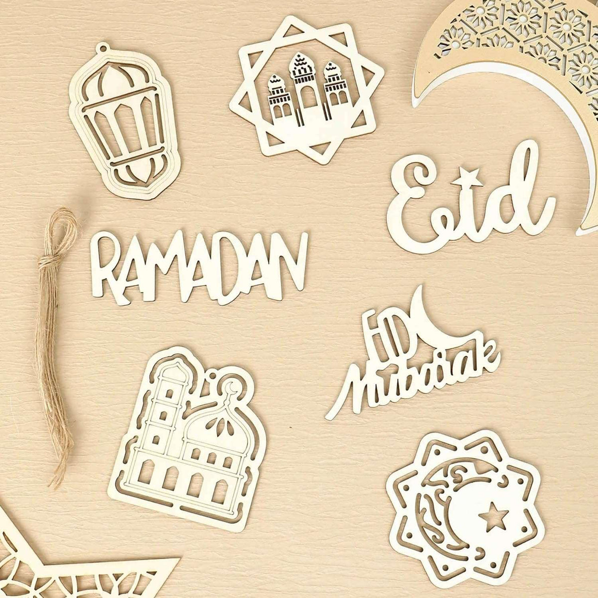 Haoser Set of 10 Eid Special Wooden Pendants, Islamic Festival Decorations, Crescent Moon and Star Design, Handcrafted Eid Mubarak Gifts, Wooden Eid Ornaments, Ramadan and Eid Home Decor (DGN-1) - Haoser