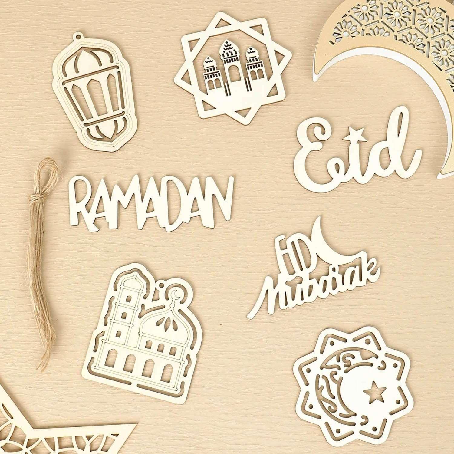 Haoser Set of 10 Eid Special Wooden Pendants, Islamic Festival Decorations, Crescent Moon and Star Design, Handcrafted Eid Mubarak Gifts, Wooden Eid Ornaments, Ramadan and Eid Home Decor (DGN-5) - Haoser