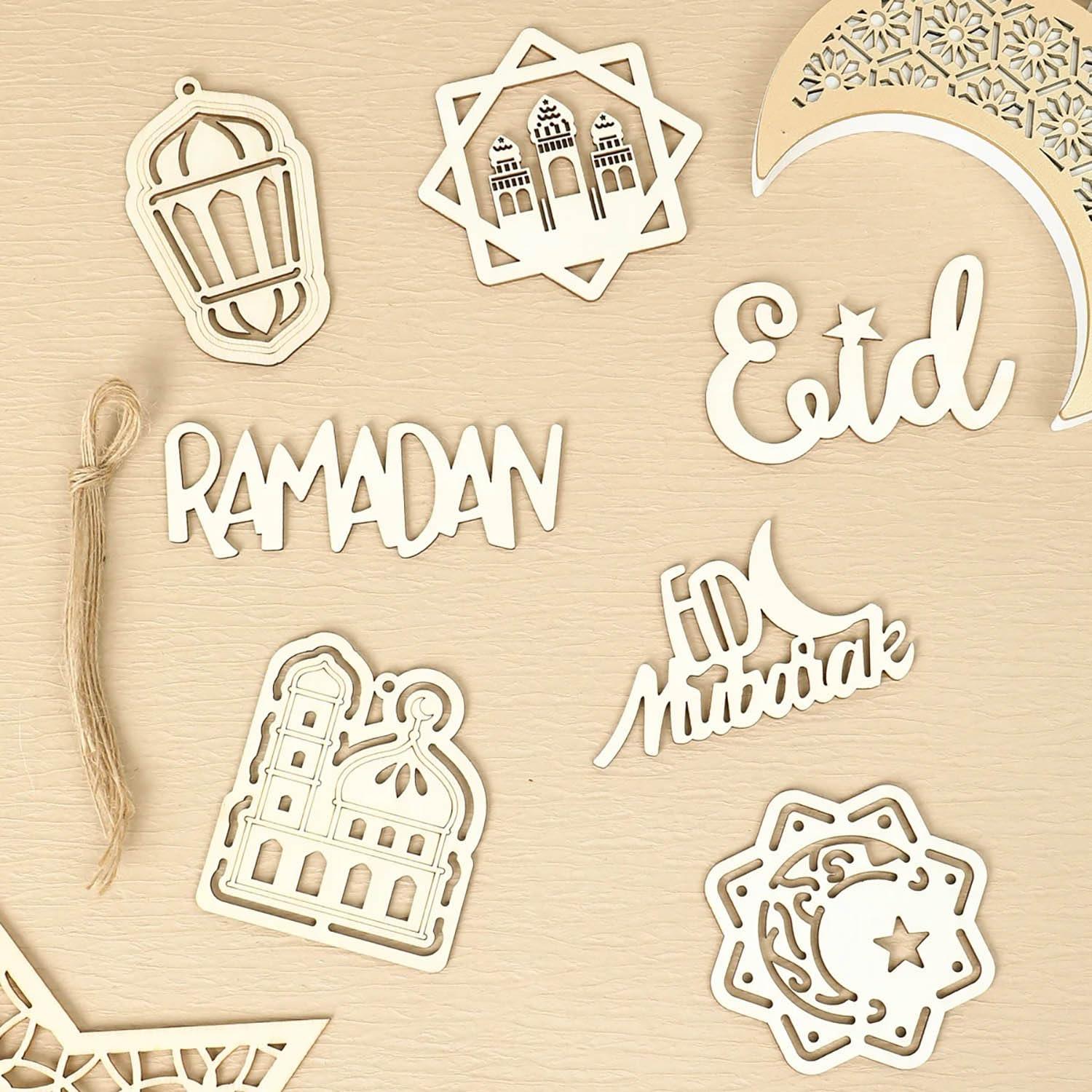 Haoser Set of 10 Eid Special Wooden Pendants, Islamic Festival Decorations, Crescent Moon and Star Design, Handcrafted Eid Mubarak Gifts, Wooden Eid Ornaments, Ramadan and Eid Home Decor - Haoser