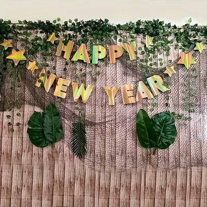 Golden Happy New Year Banner – Paper Party Decoration, 6 Ft Festive Hanging with Golden Stars & Happy New Year Letters, Easy Adhesive Hanging Strips, Durable Indoor Outdoor Celebration Décor