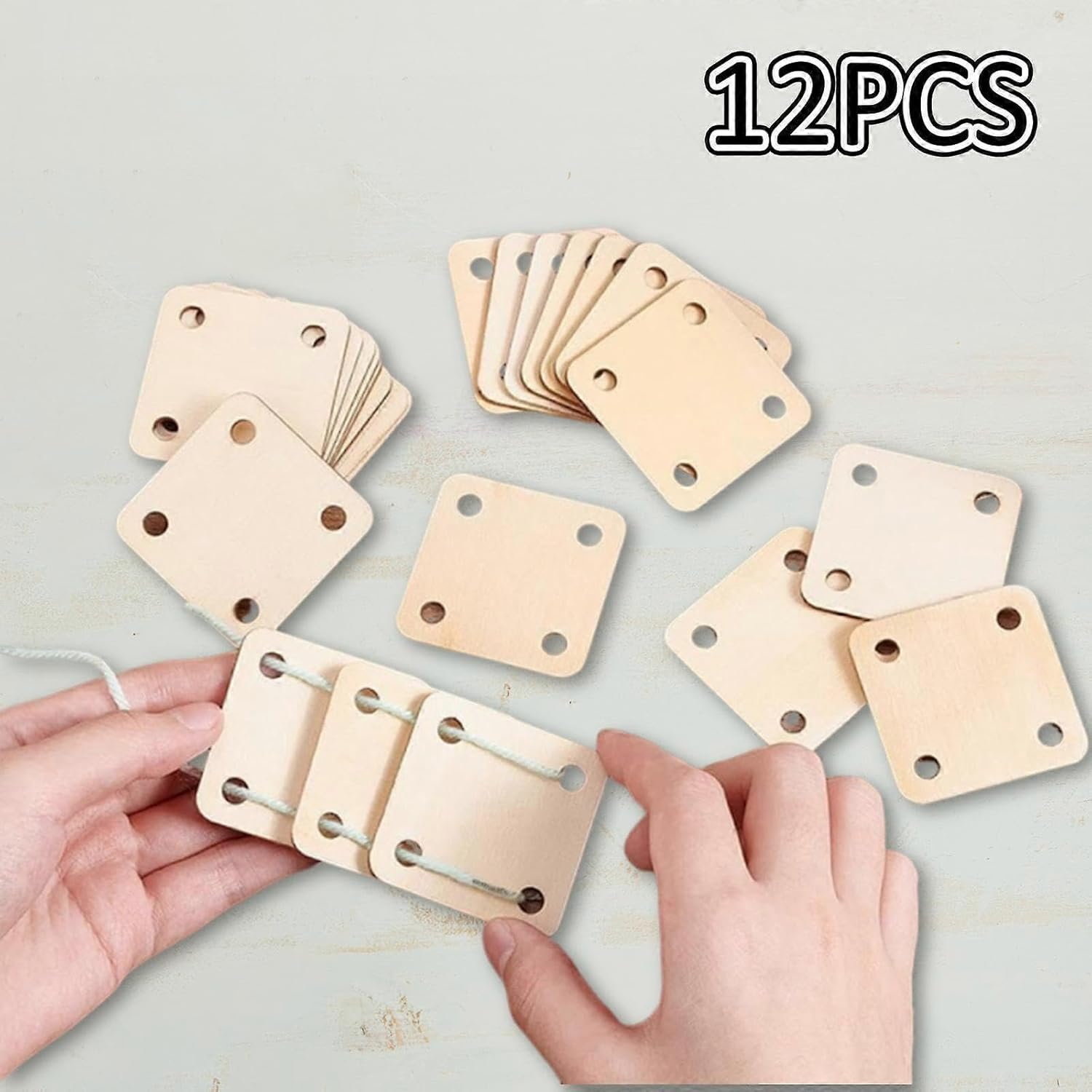 Pack of 12 Wooden MDF Weaving Cards Set | 2x2 Inch Tablet Weaving Cards for Handmade Loom Projects | Square Wooden Loom Cards with 4 Holes | DIY Craft Weaving Supplies