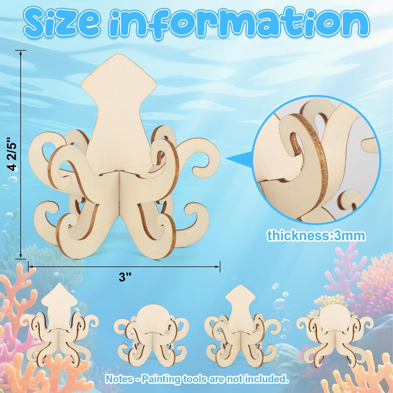 12 PCS DIY 3D Ocean Theme MDF Wooden Cutouts for Painting | Octopus Squid Craft Shapes
