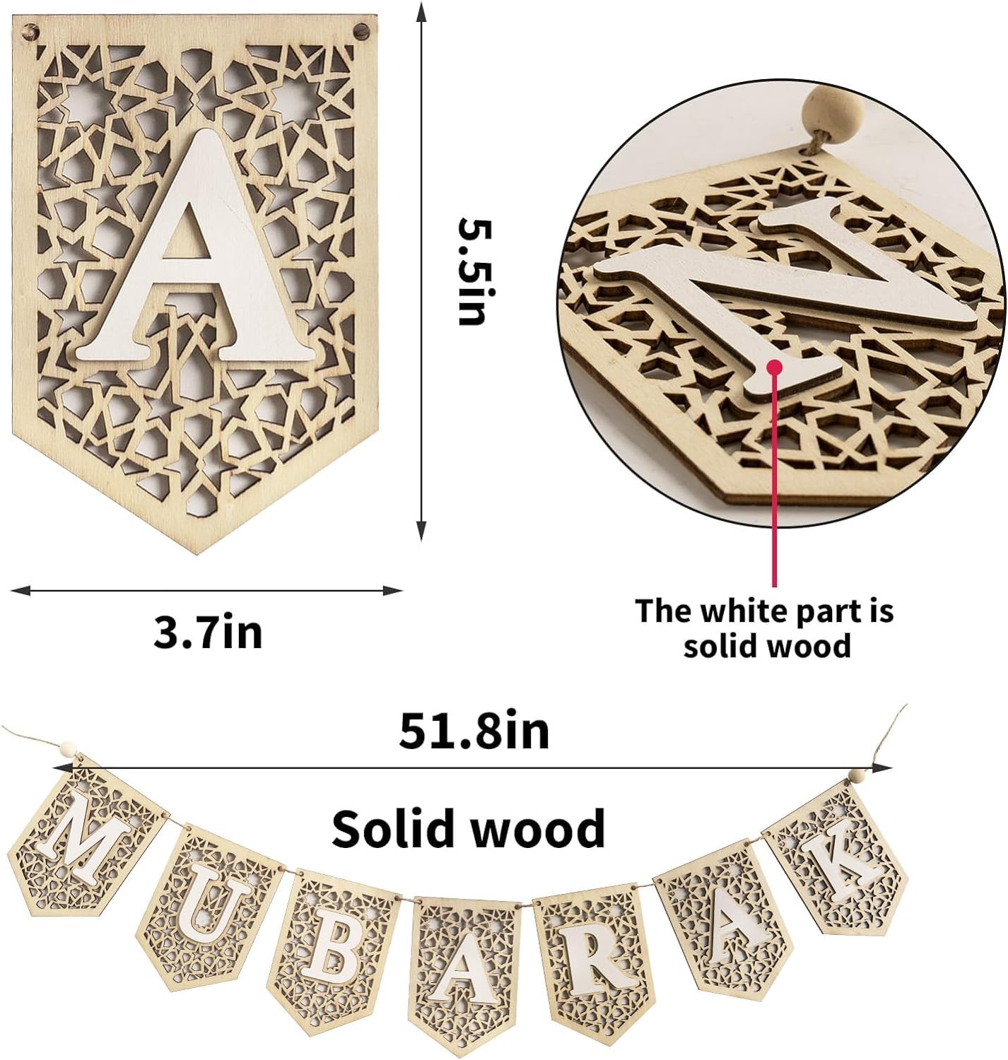 Haoser Ramadan Mubarak Banner Decorations for Home 2024 Black Eid Wooden Sign Ramadan Kareem Wood Garland Islamic Muslim Mosque Door Fireplace Hanging Decor Ramadan Gifts(Only Mubarak Banner)