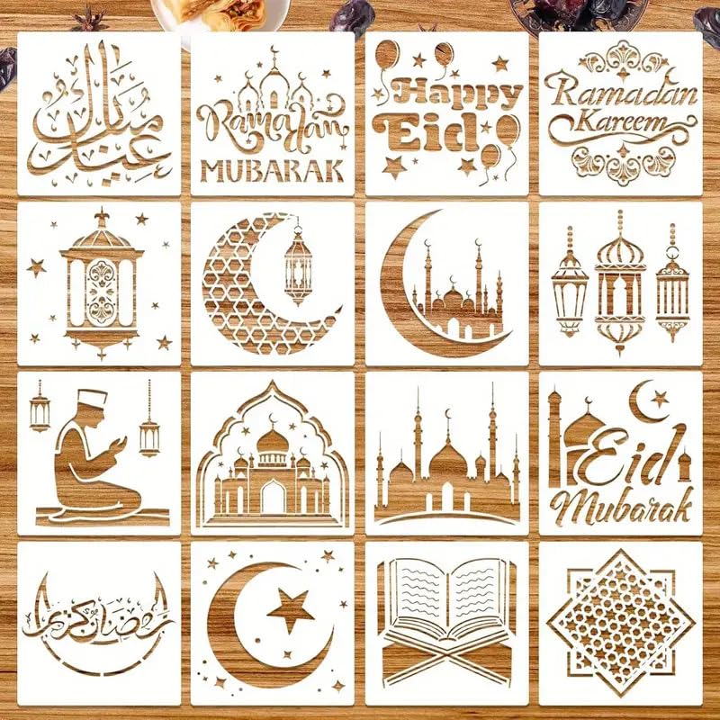 16 Pcs Ramadan Eid Stencil Set – 5.9x5.9 Inch Reusable Plastic Painting Templates – Moon & Star Eid Mubarak Stencils for DIY Wall, Cake, Card, Fabric, Scrapbooking & Home Décor Crafts