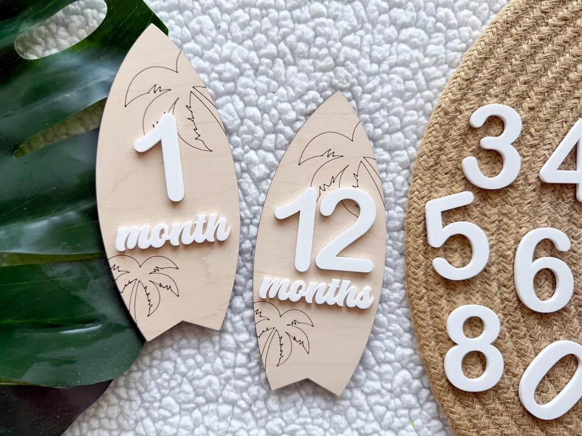 Set 1 Wooden Baby Monthly Surfboard Milestone Markers