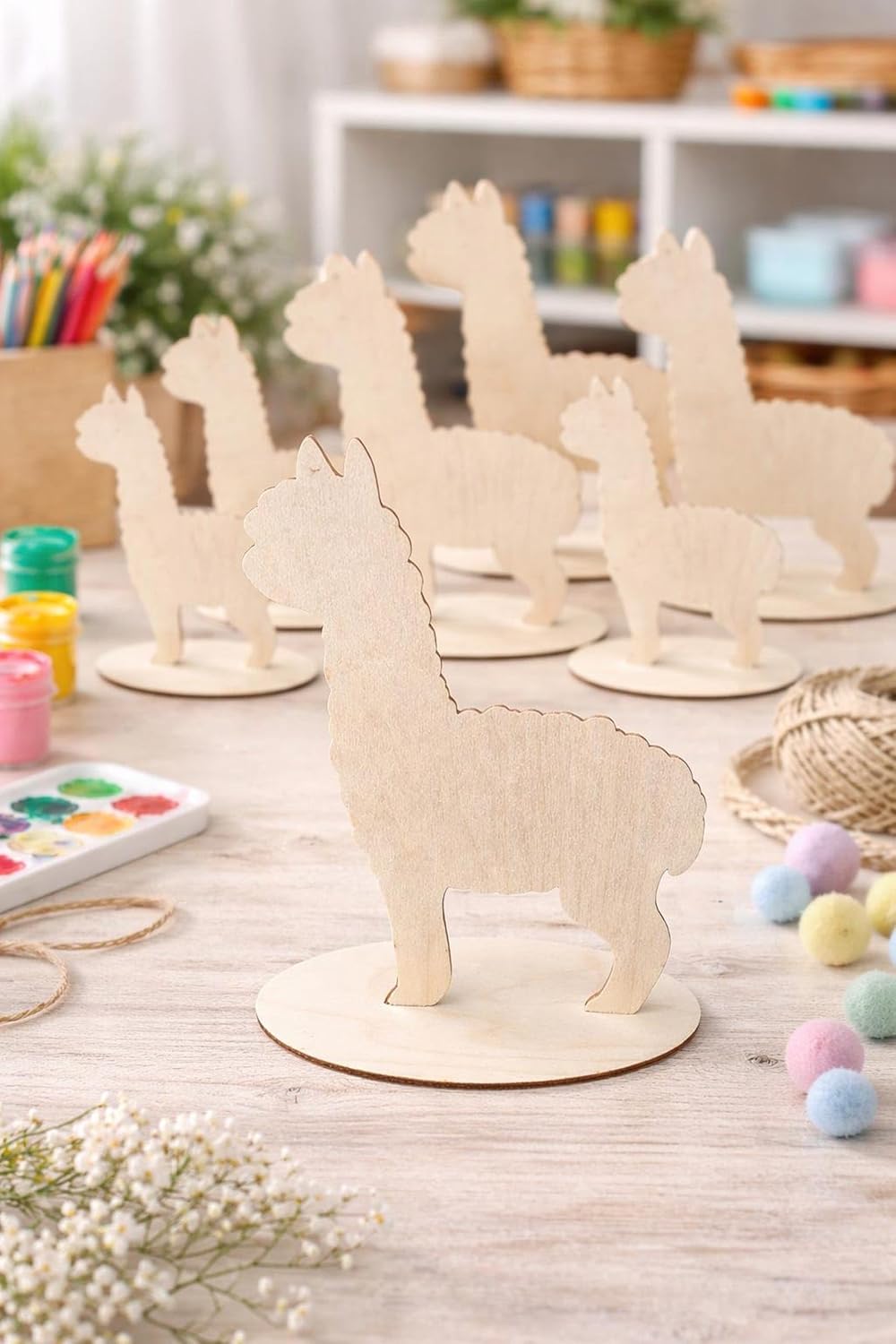 10 Pcs Wooden Alpaca Figures with Stand | Unfinished Wood DIY Painting Craft Kit
