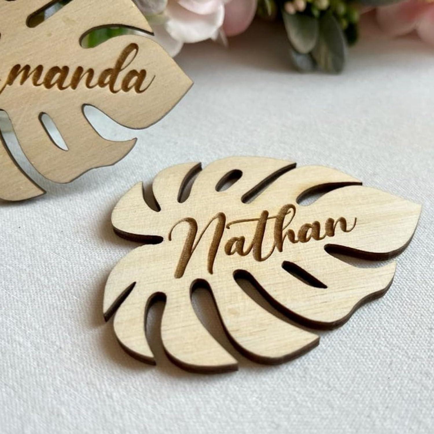 Curious Button Unfinished Wooden Custom Name Leaf Shape Place Card For Gift, MDF 3mm, Birthday Gifts, Tropical Wedding Table Seating Decoration, Customize Name Font (7 cm) - Haoser