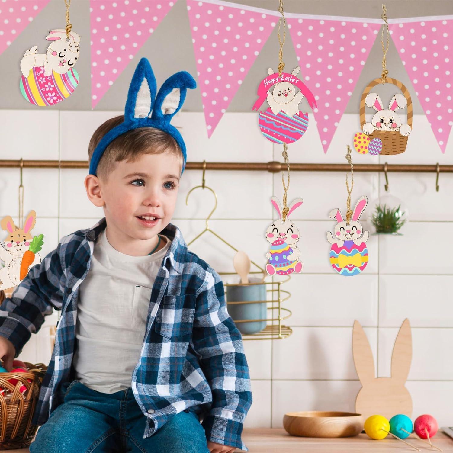 Haoser Easter Unfinished Wooden Cutouts, 12 PCS 12 Styles Bunny Rabbit Hanging Ornaments, Blank Wood Cutouts for Crafts, Wooden Blank Paint Crafts for DIY Easter Spring Home Holiday School Decoration - Haoser