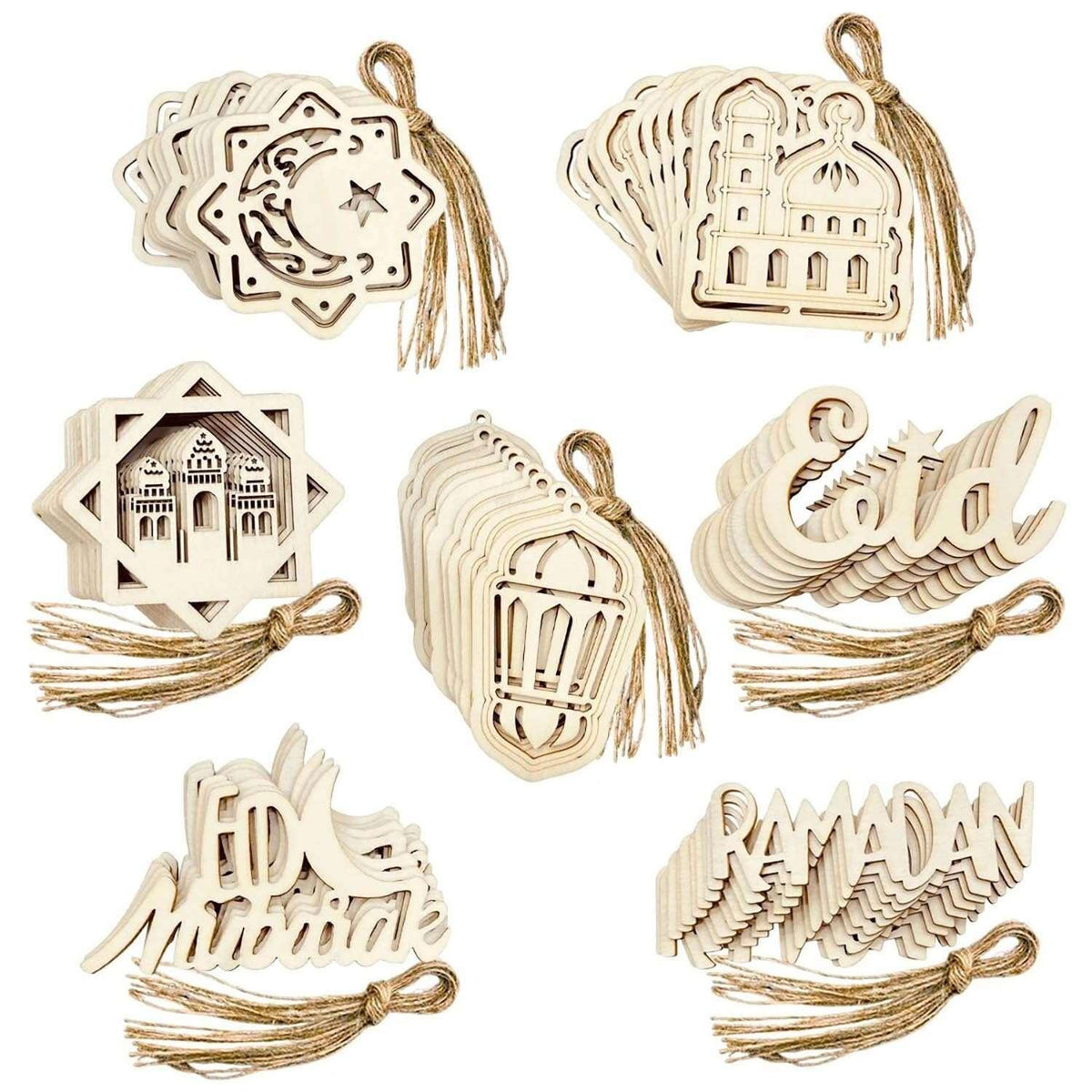 Haoser Set of 10 Eid Special Wooden Pendants, Islamic Festival Decorations, Crescent Moon and Star Design, Handcrafted Eid Mubarak Gifts, Wooden Eid Ornaments, Ramadan and Eid Home Decor (DGN-5) - Haoser