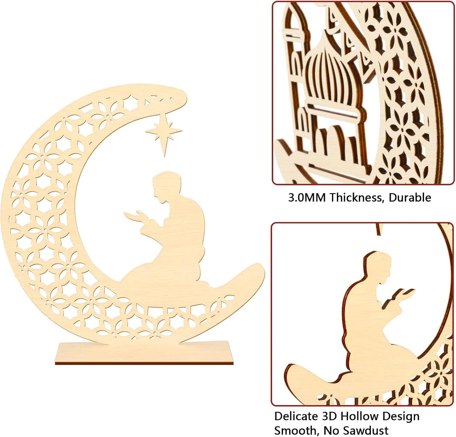 Eid Mubarak Wooden Ornaments – Ramadan Kareem 3D Hollow Moon & Star MDF Decor