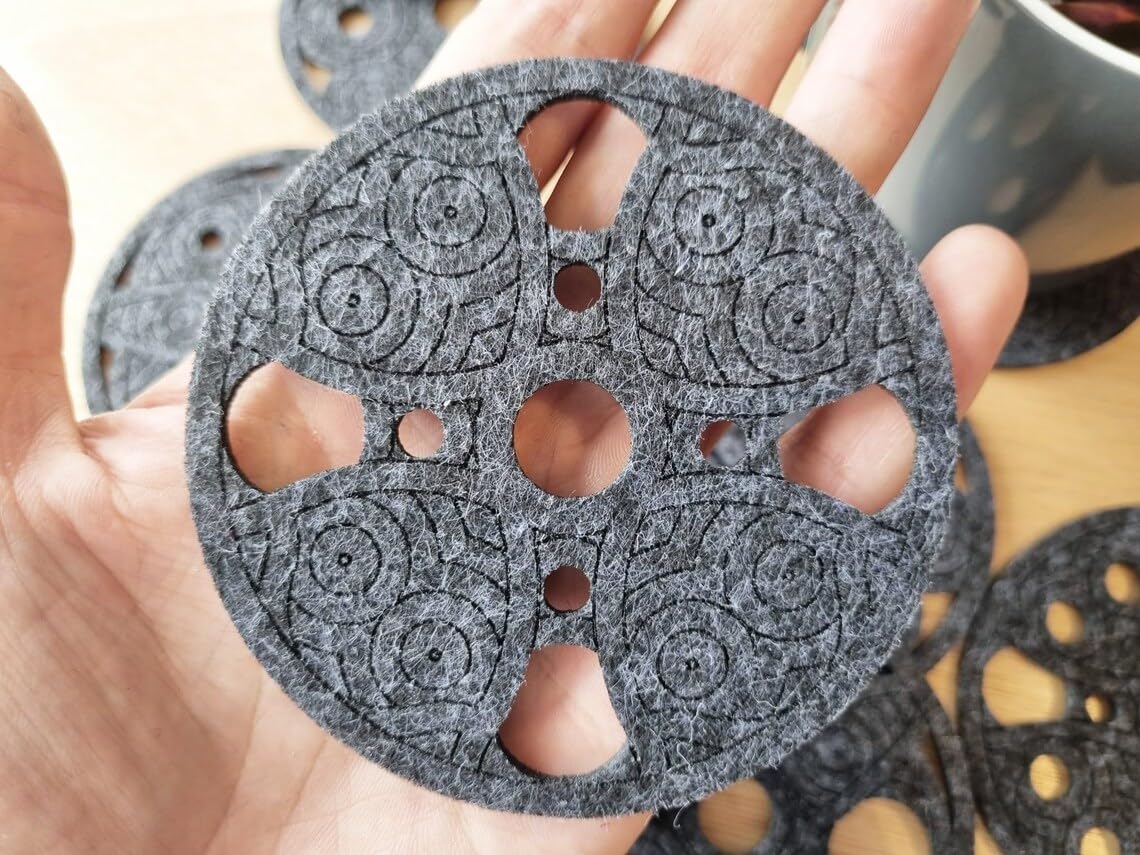 Set of 9 Geometric Felt Coasters – Gray | 4 Inch Round Laser-Cut Drink Coasters | Modern Table Decor & Surface Protection | Washable Felt Coaster Set