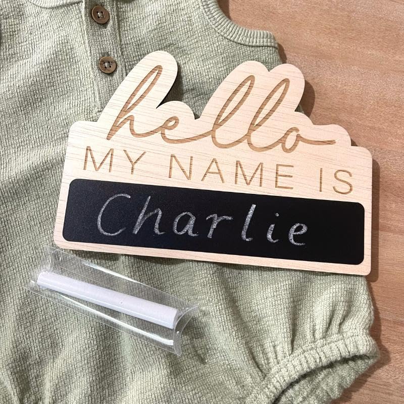 Haoser Baby Name Revealing Board- Hello My Name is...' Plaque with Chalkboard-Wooden Milestone Card