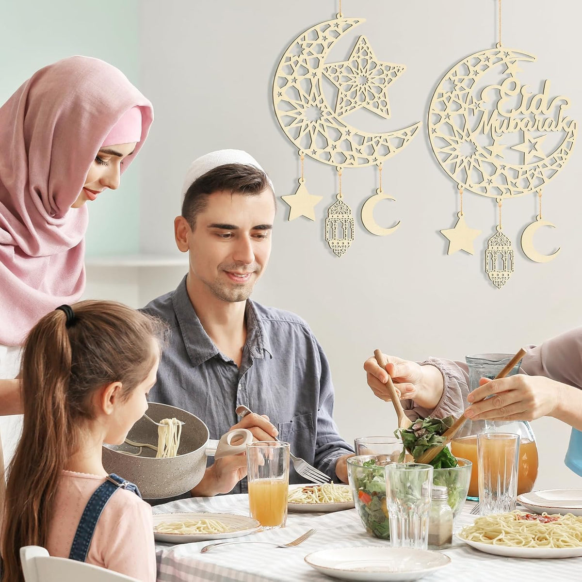 Curious Button Set of 2 Pieces Eid Mubarak Door Sign Wooden Hanging Signs, Ramadan Kareem Hollow Ornament Decorations Moon and Stars, Moon Shape Ramadan Mubarak Party.