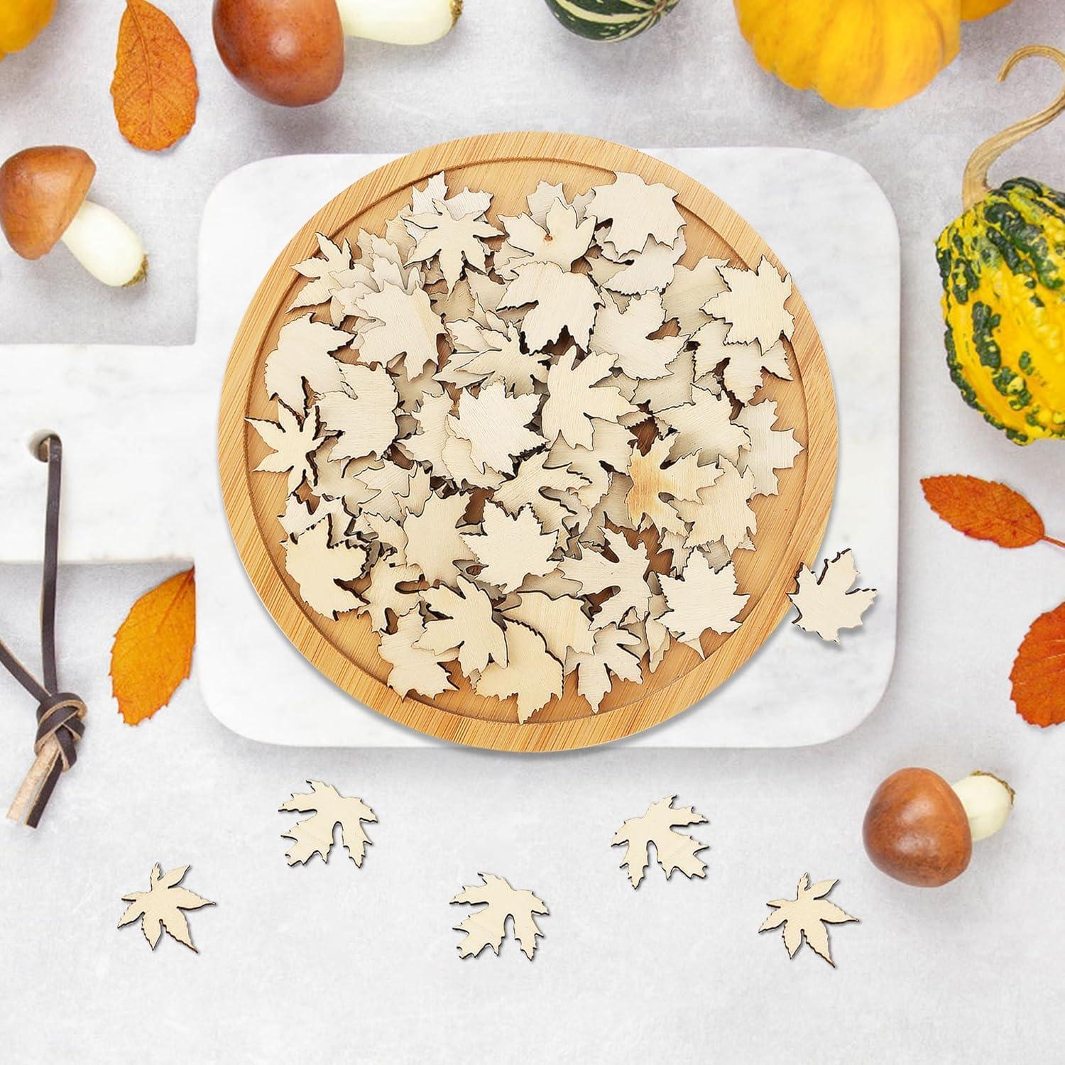 Haoser Wooden Maple Leaf Slice Maple Leaf Wood Pieces Mini Wooden Maple Leaf Cutout Unfinished Blank for Thanksgiving Fall DIY Decoration 1.2 Inch 80 Pieces - Haoser