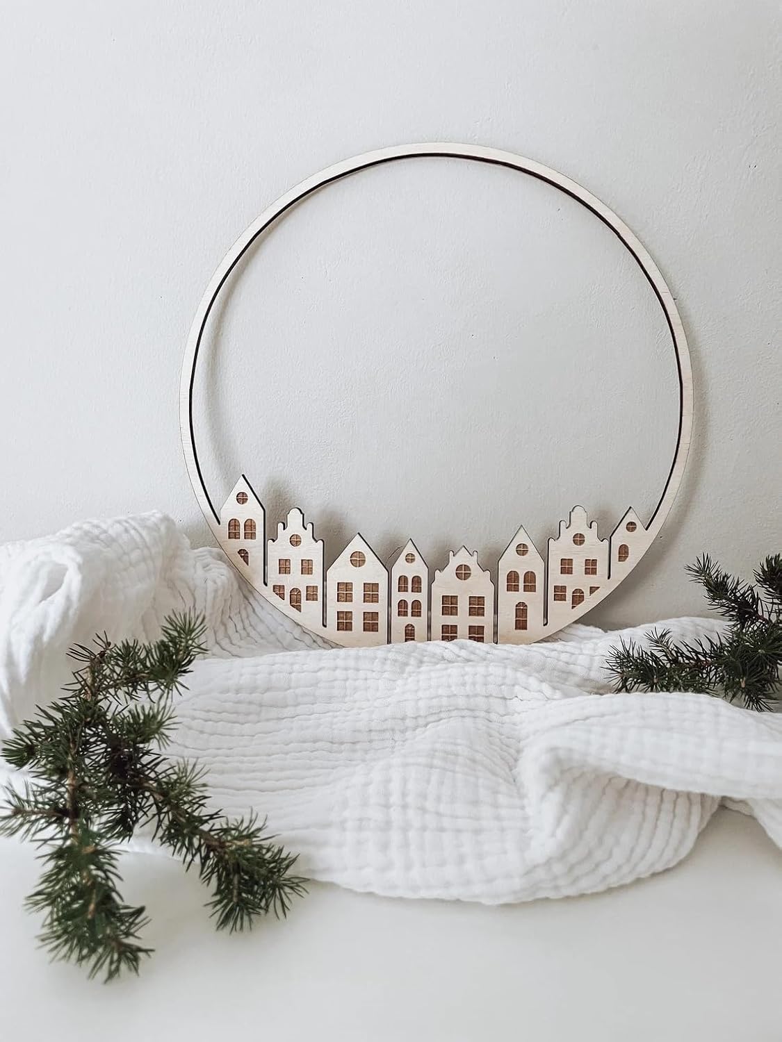 Christmas Wooden Wreath | Canal Houses Wall Hanging Decor | Pine MDF Decoration Ring