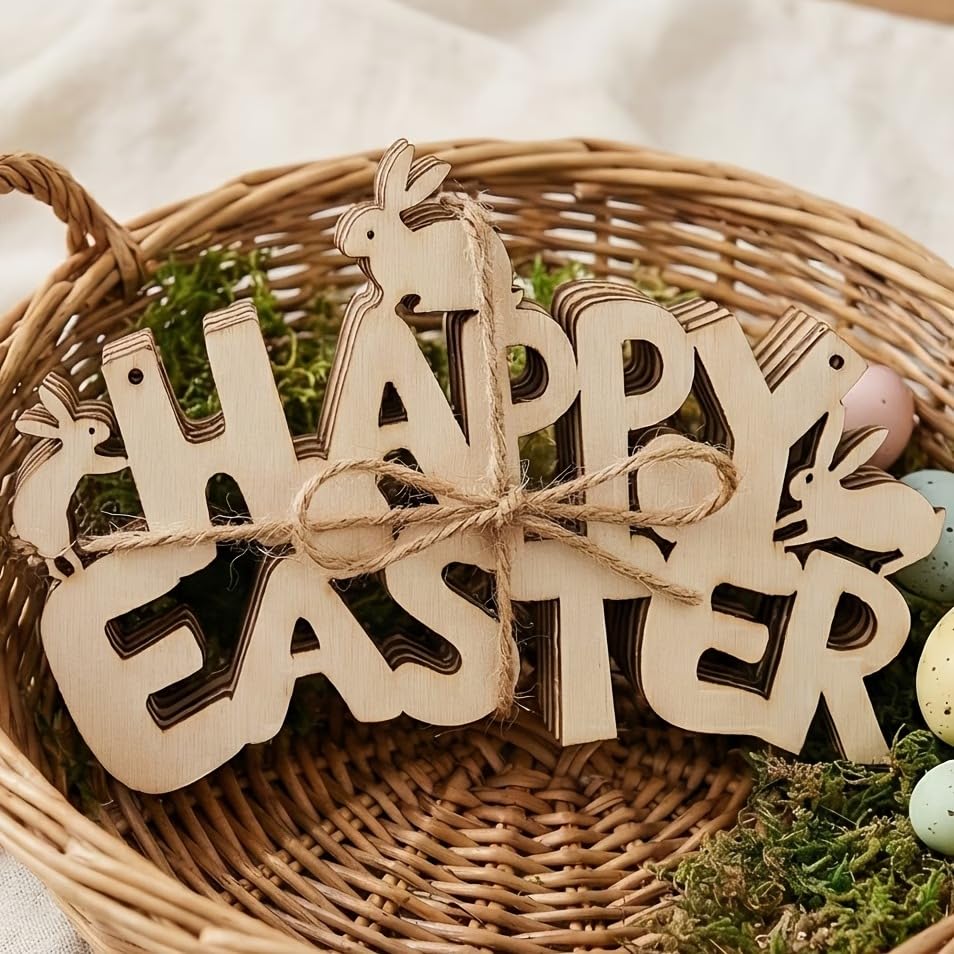 Wooden Easter Bunny Egg Hanging Decoration – Spring Door Ornament with Rabbit & Egg Design