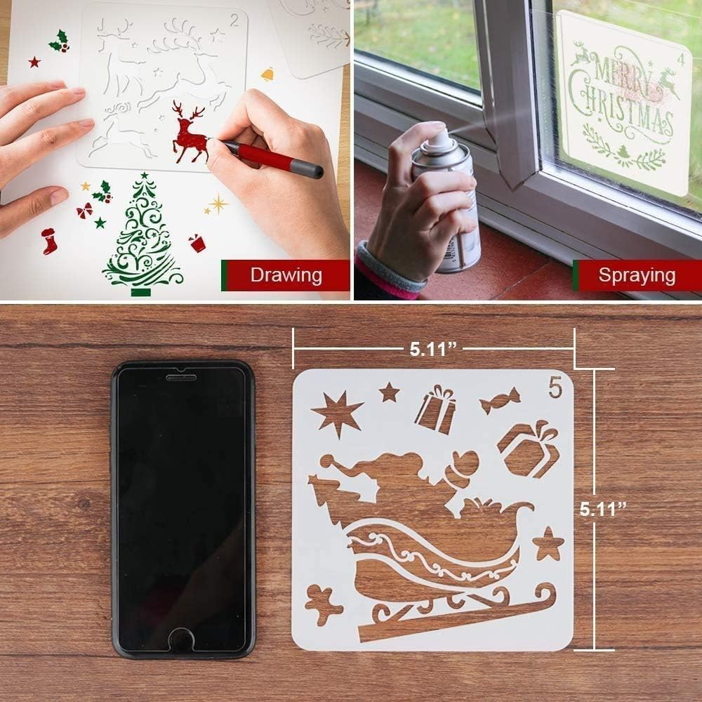 8 Pcs Christmas Plastic Stencils Template | Reusable Craft Stencils for Painting on Wood, Walls, Door & Window Spraying